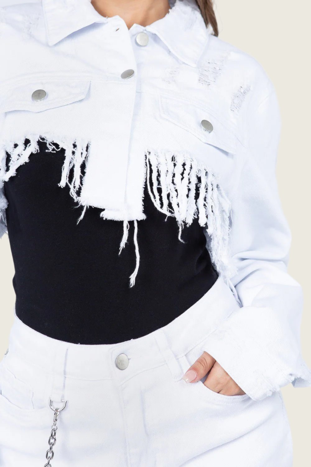 American Bazi - Distressed Denim Jacket with Frayed Hem in White