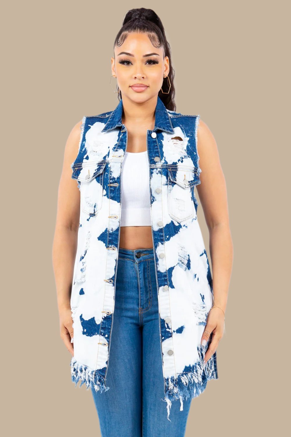 American Bazi - Distressed Frayed Edge Longline Denim Vest in Ice Blue