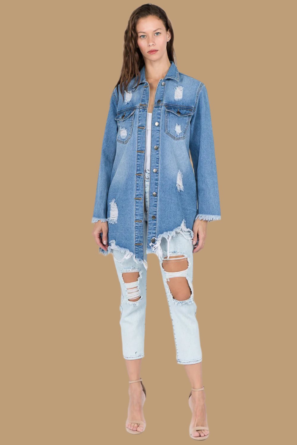 American Bazi - Distressed Frayed Hem Denim Jacket