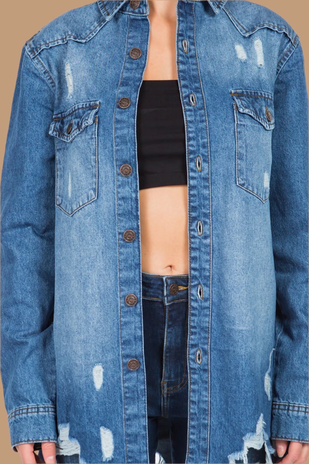 American Bazi - Distressed Frayed Hem Denim Jacket