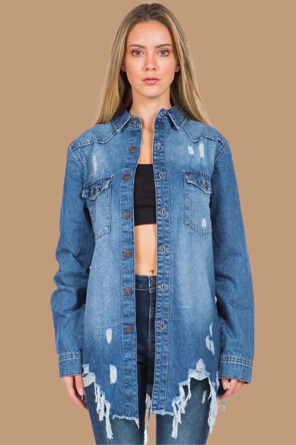 American Bazi - Distressed Frayed Hem Denim Jacket