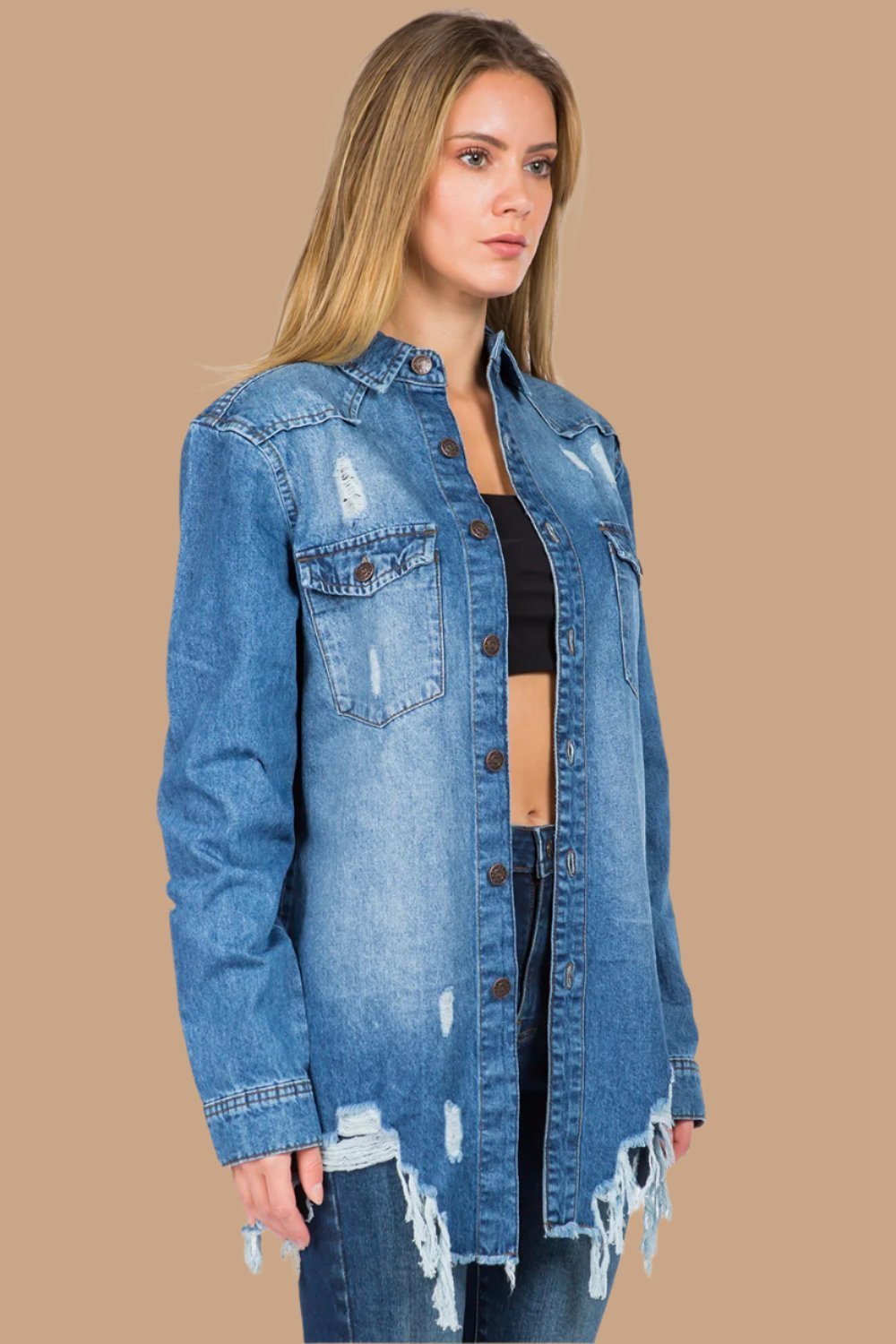 American Bazi - Distressed Frayed Hem Denim Jacket