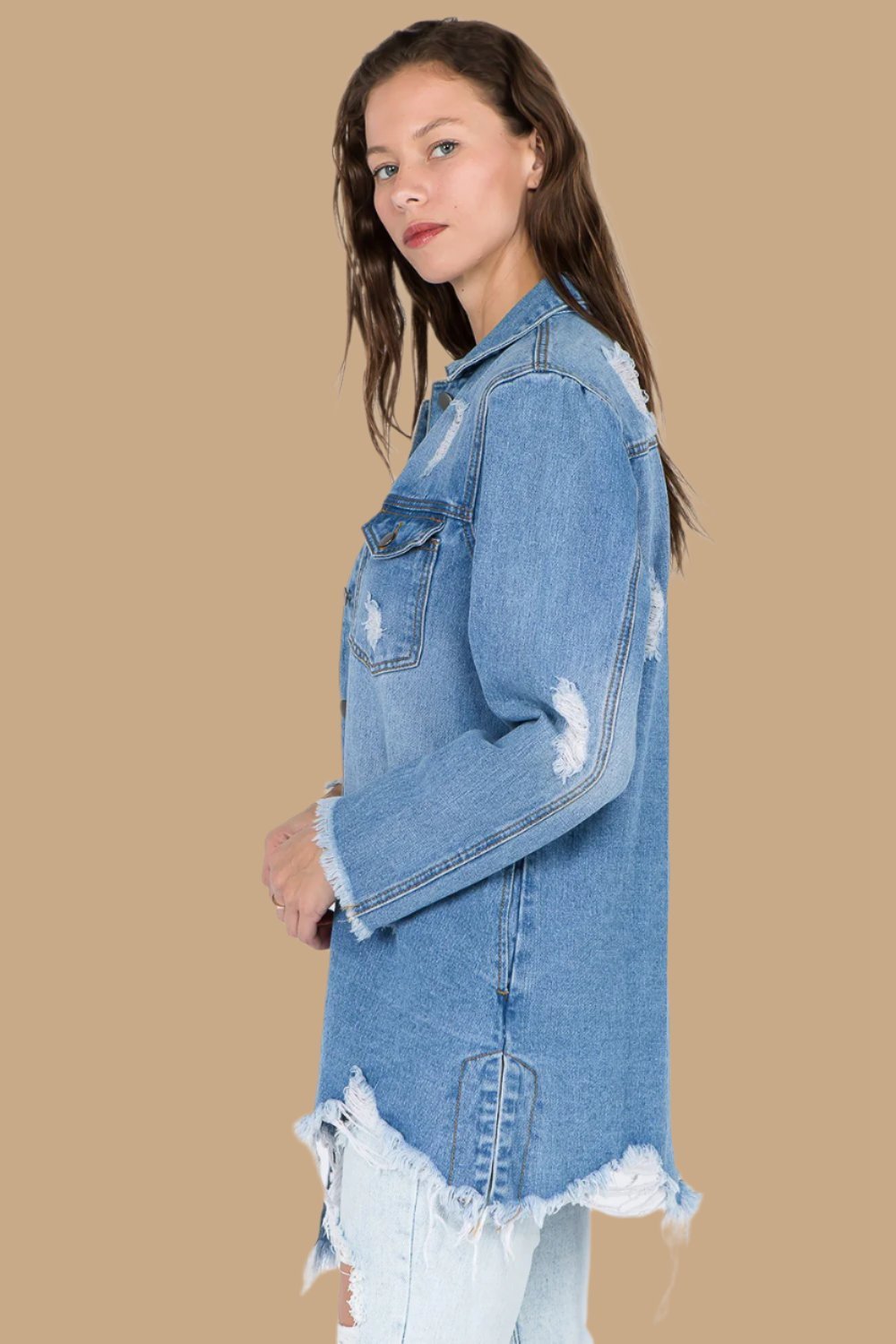 American Bazi - Distressed Frayed Hem Denim Jacket