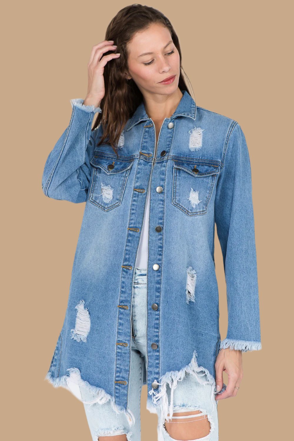 American Bazi - Distressed Frayed Hem Denim Jacket