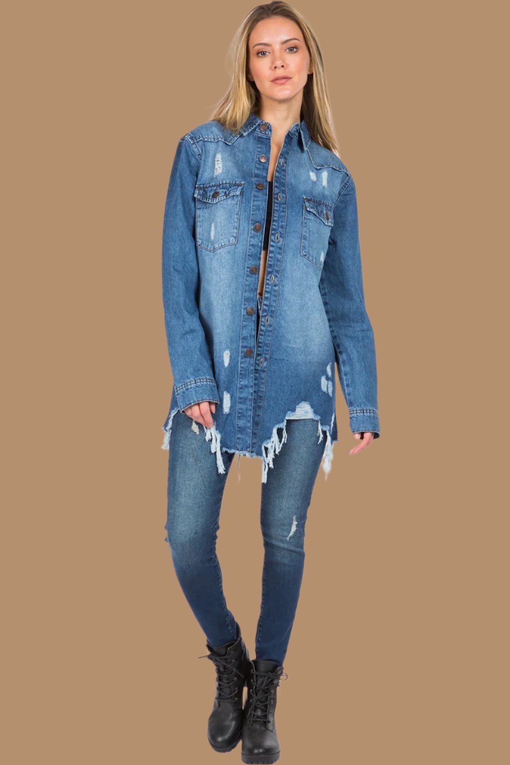 American Bazi - Distressed Frayed Hem Denim Jacket