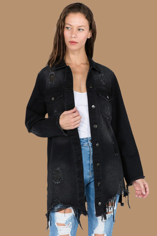 American Bazi - Distressed Frayed Hem Denim Jacket in Black