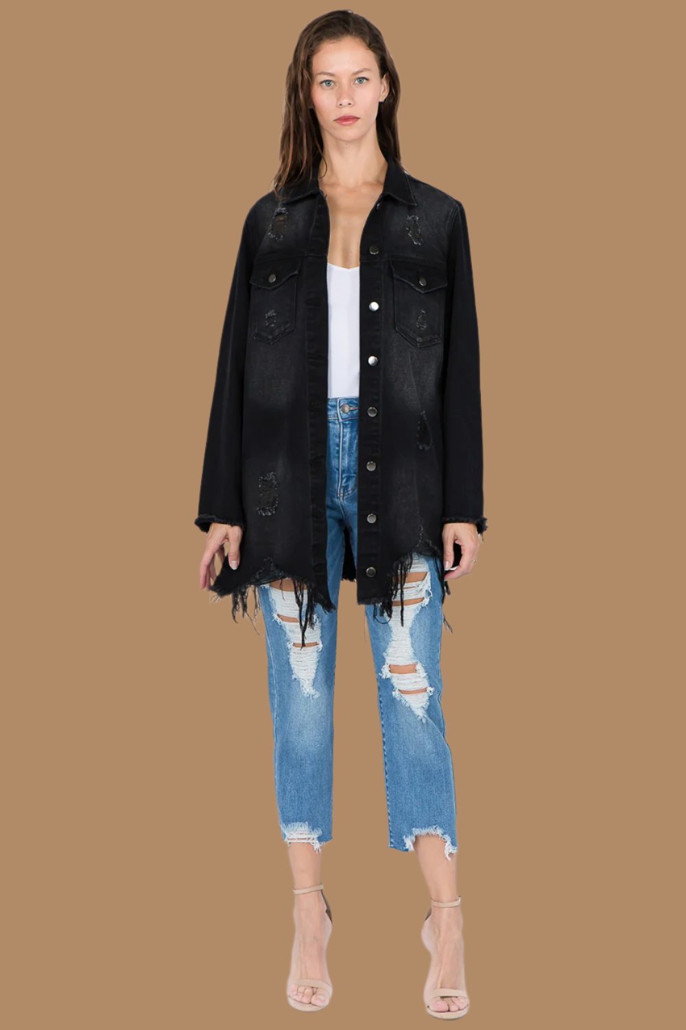 American Bazi - Distressed Frayed Hem Denim Jacket in Black