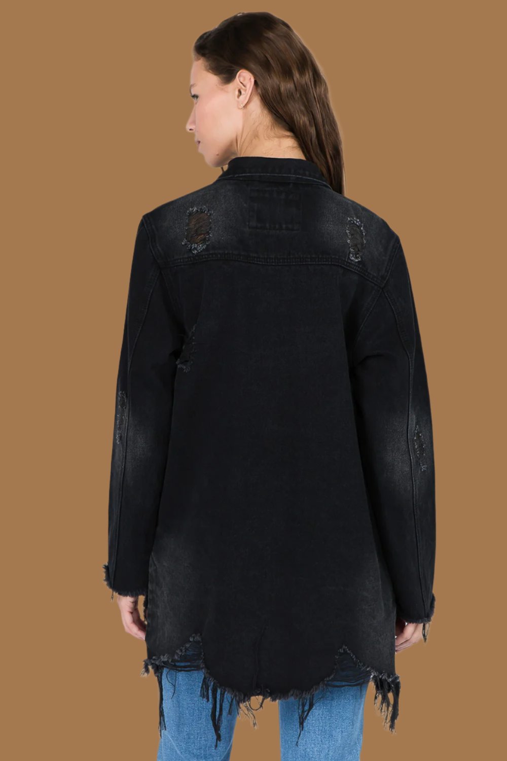 American Bazi - Distressed Frayed Hem Denim Jacket in Black