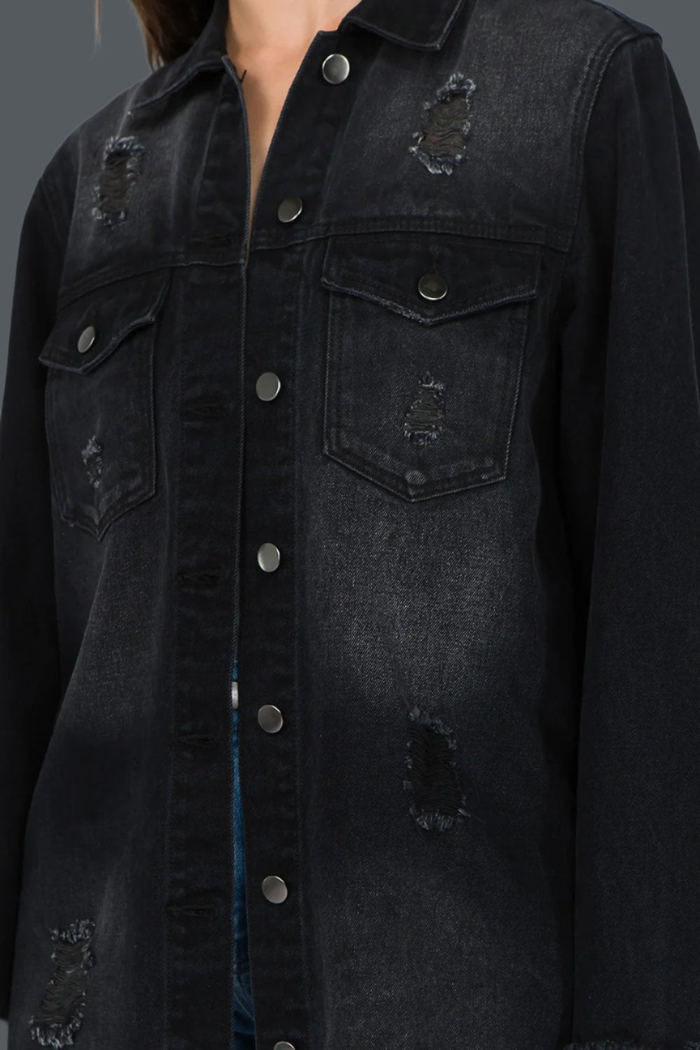 American Bazi - Distressed Frayed Hem Denim Jacket in Black