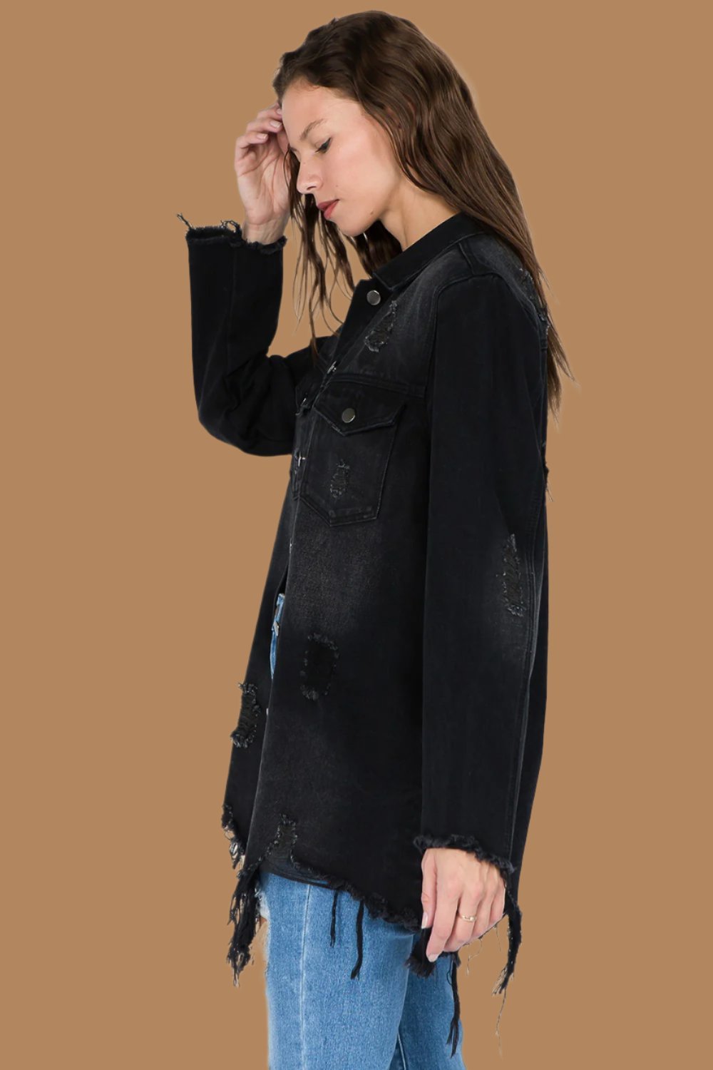 American Bazi - Distressed Frayed Hem Denim Jacket in Black