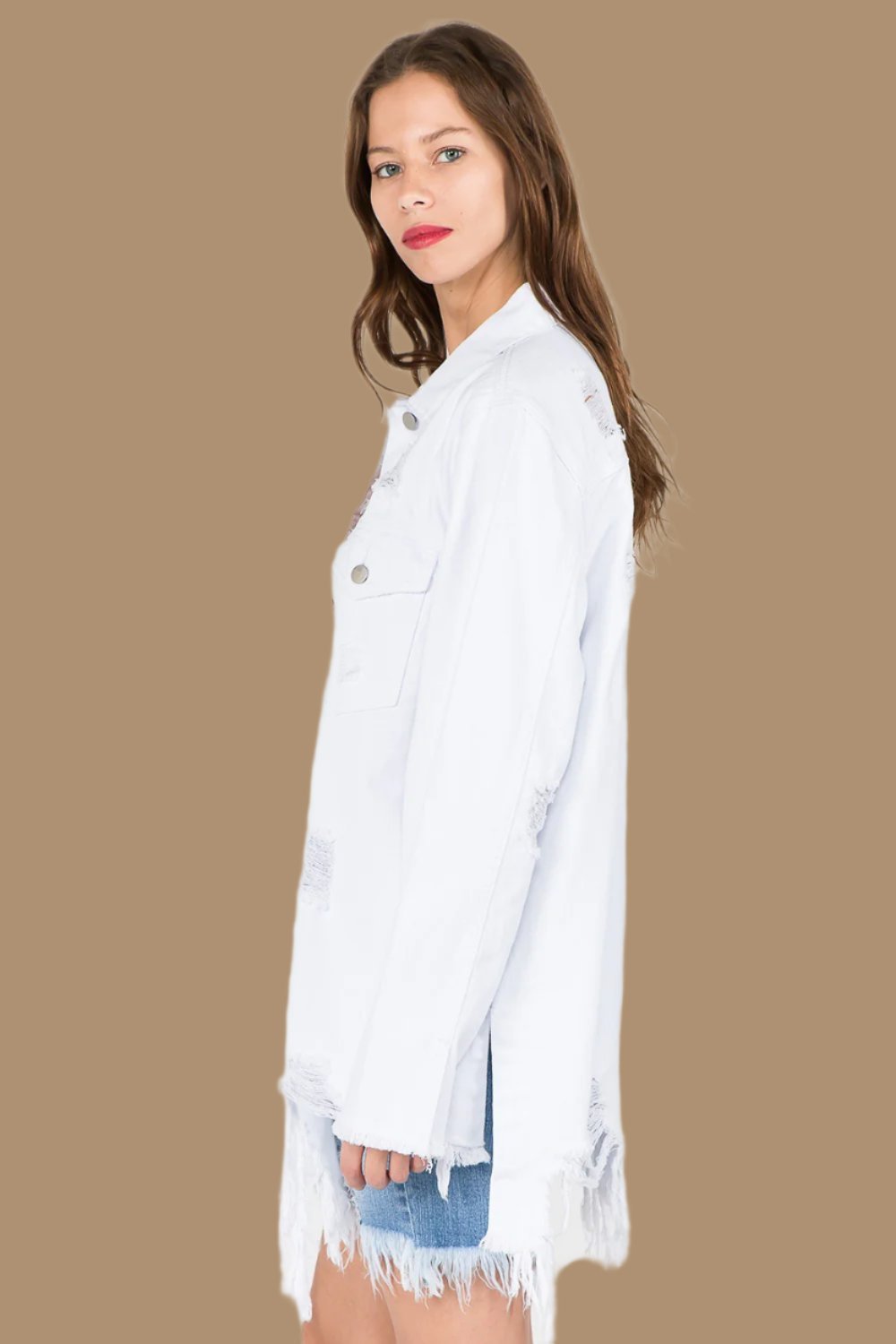 American Bazi - Distressed Frayed Hem Denim Jacket in White