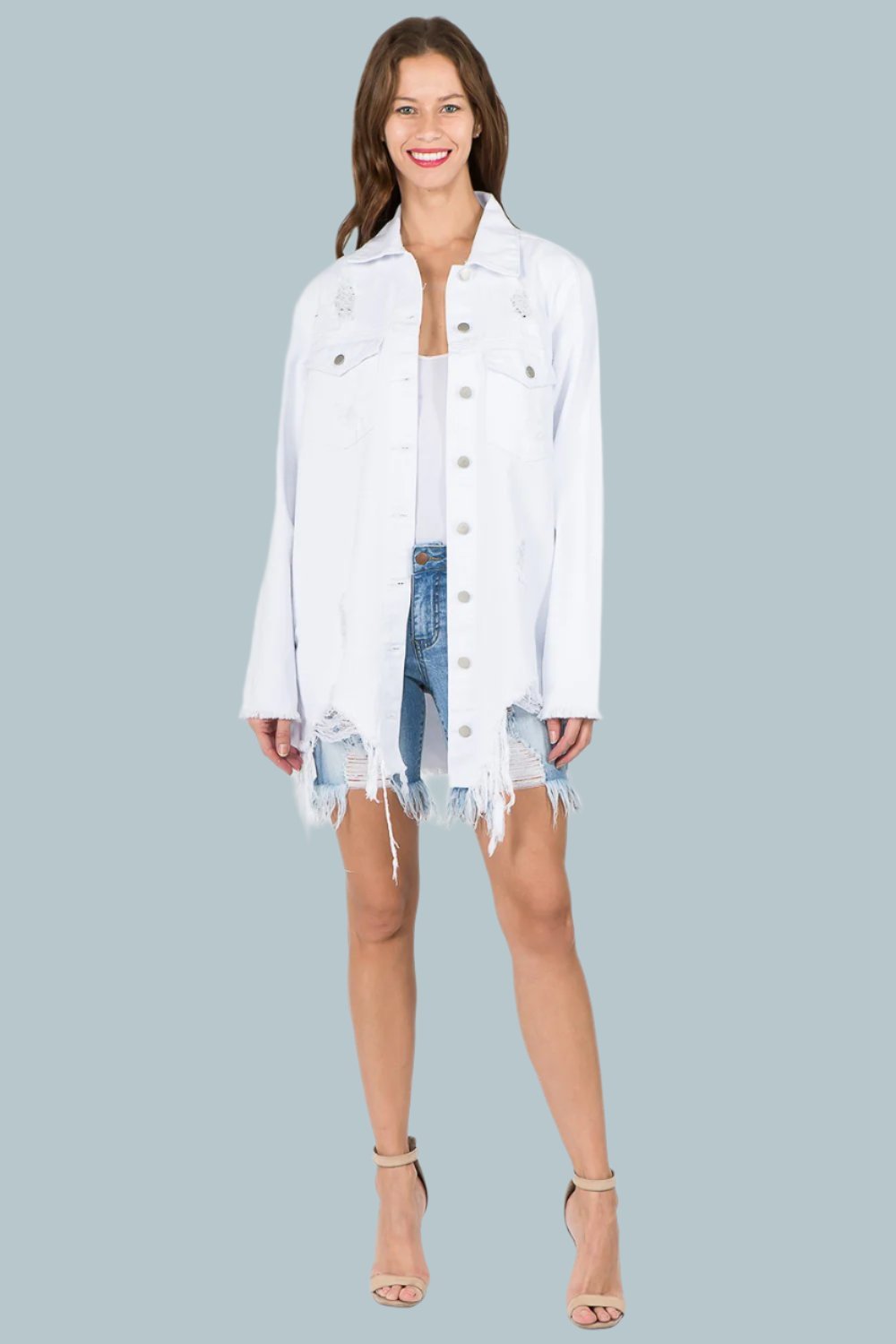 American Bazi - Distressed Frayed Hem Denim Jacket in White