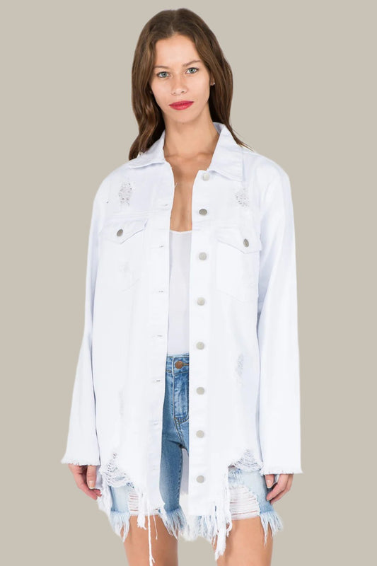 American Bazi - Distressed Frayed Hem Denim Jacket in White