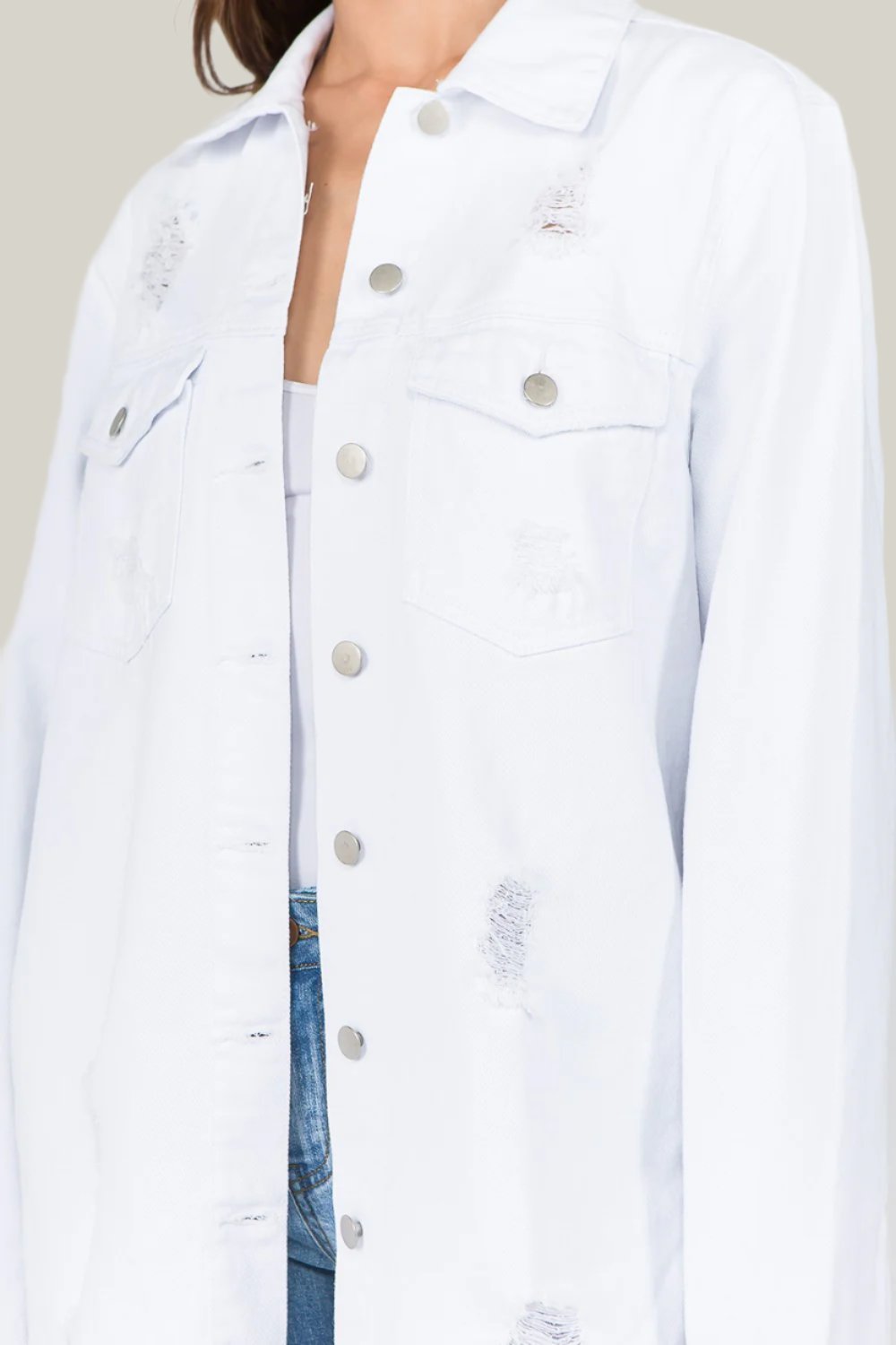 American Bazi - Distressed Frayed Hem Denim Jacket in White