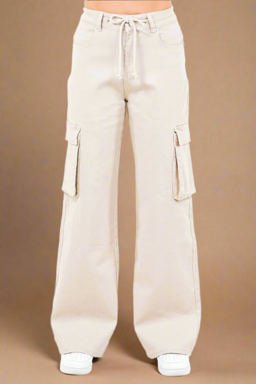 American Bazi - Drawstring Wide Leg Cargo Pants in Apricot