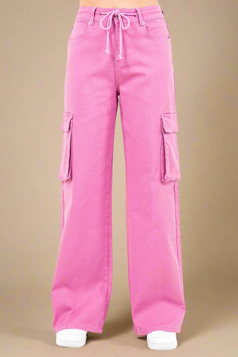 American Bazi - Drawstring Wide Leg Cargo Pants in Dusty Rose