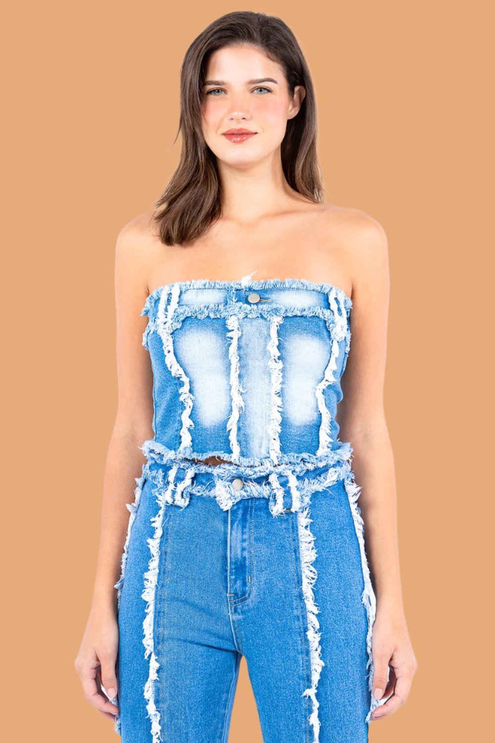 American Bazi - Frayed Edge Denim Strapless Top in Light Blue