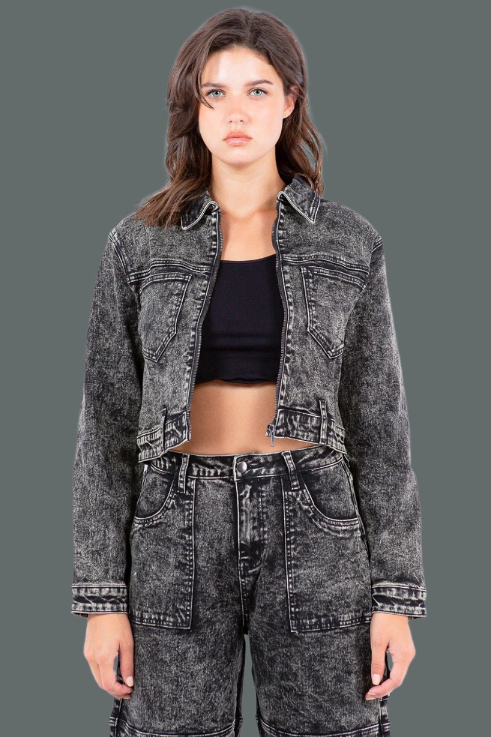 American Bazi - Grey Over - Dyed Bleached Zip Up Cropped Denim Jacket