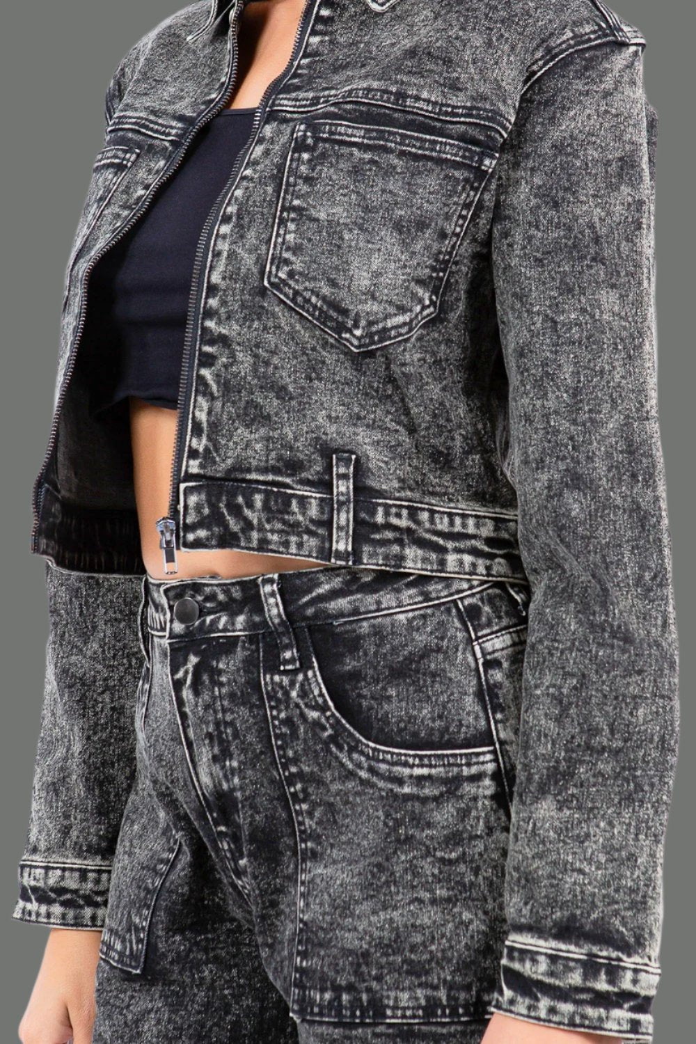 American Bazi - Grey Over - Dyed Bleached Zip Up Cropped Denim Jacket