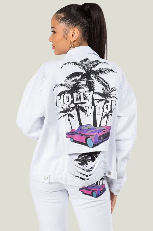 American Bazi - Hollywood Graphic Distressed Long Sleeve White Denim Jacket