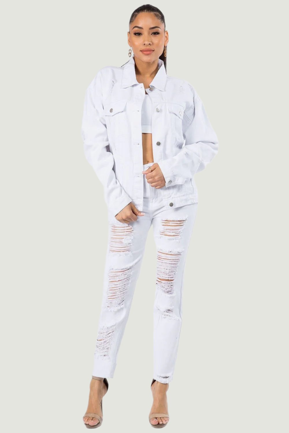 American Bazi - Hollywood Graphic Distressed Long Sleeve White Denim Jacket