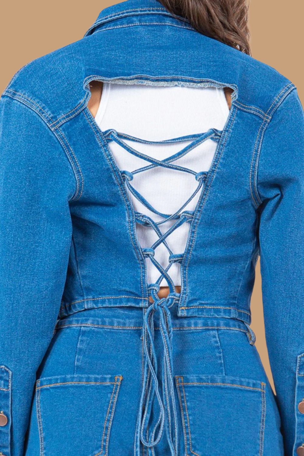 American Bazi - Lace - Up Back Cropped Denim Jacket in Blue