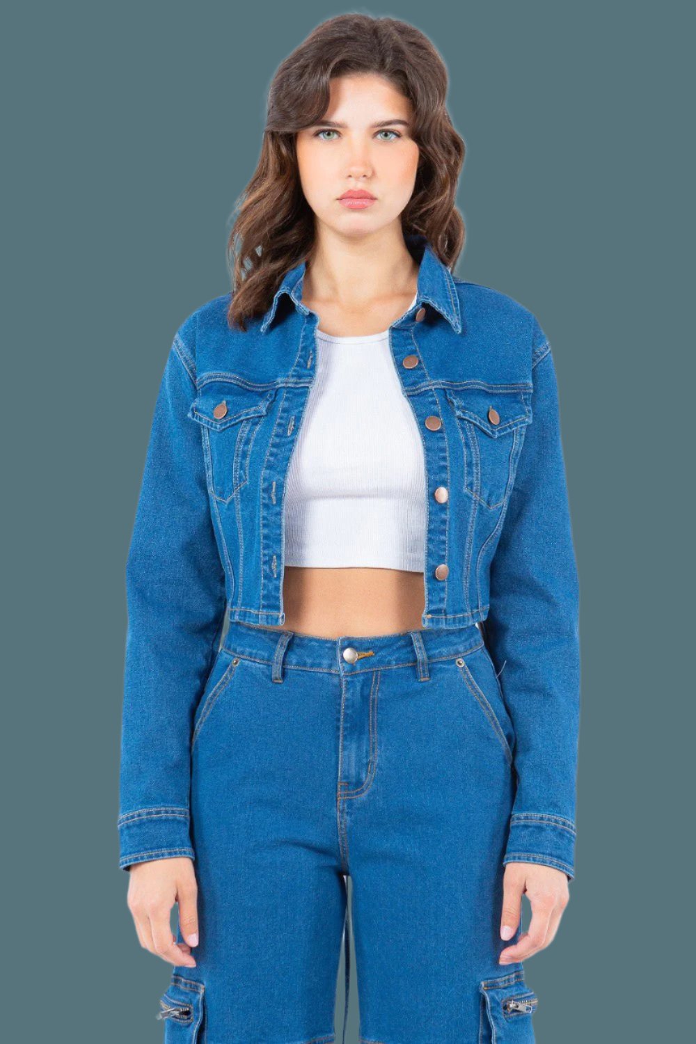 American Bazi - Lace - Up Back Cropped Denim Jacket in Blue