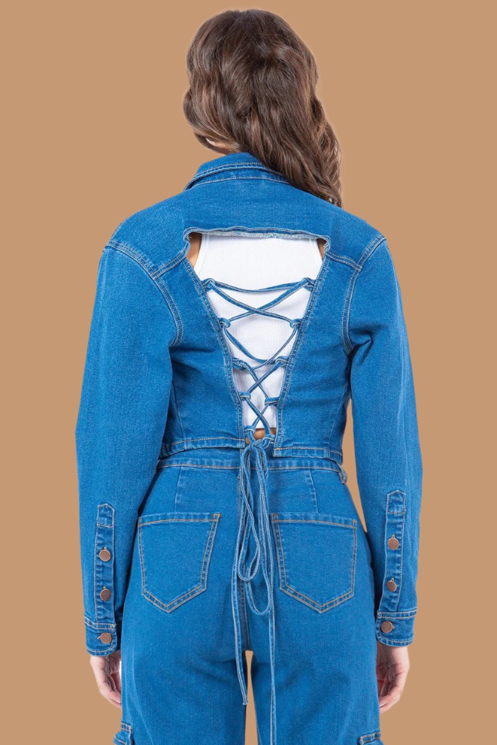 American Bazi - Lace - Up Back Cropped Denim Jacket in Blue