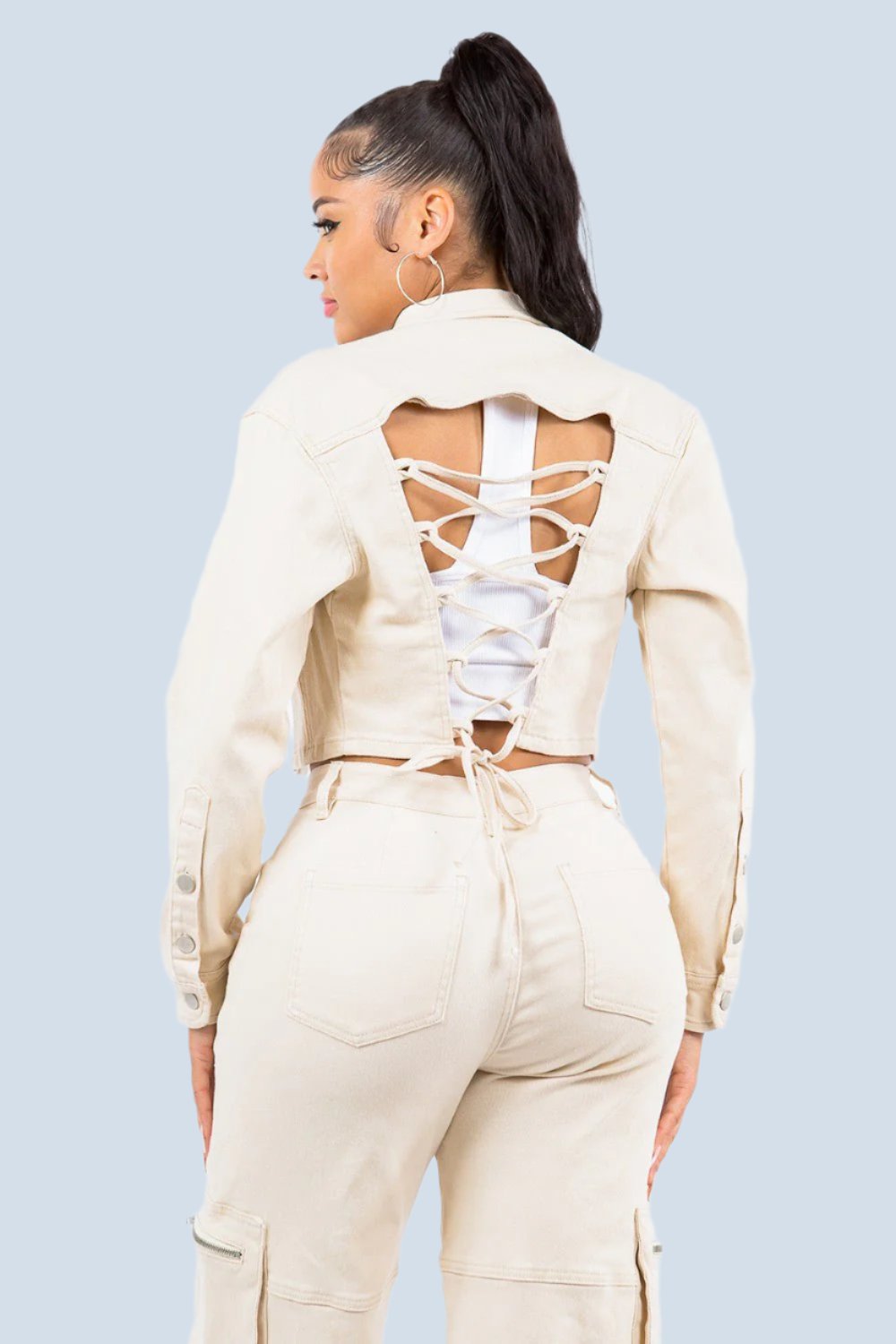 American Bazi - Lace - Up Back Cropped Denim Jacket in Ivory