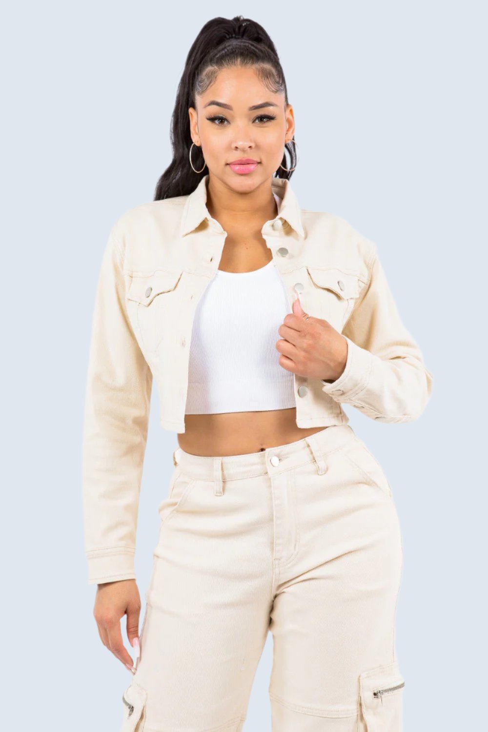 American Bazi - Lace - Up Back Cropped Denim Jacket in Ivory