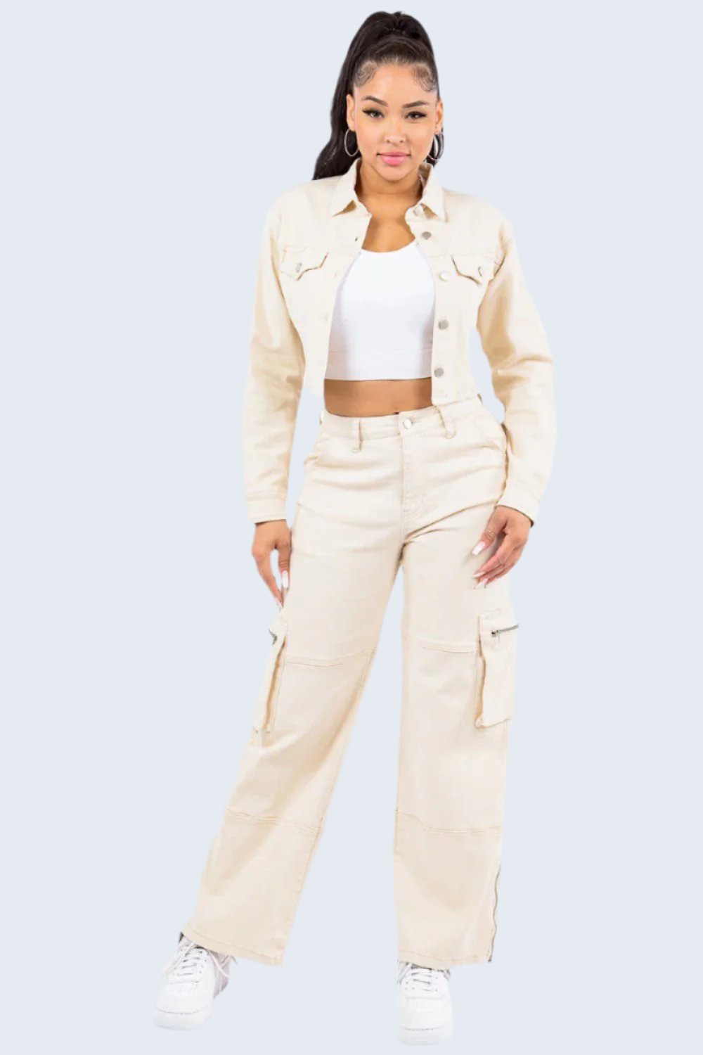 American Bazi - Lace - Up Back Cropped Denim Jacket in Ivory