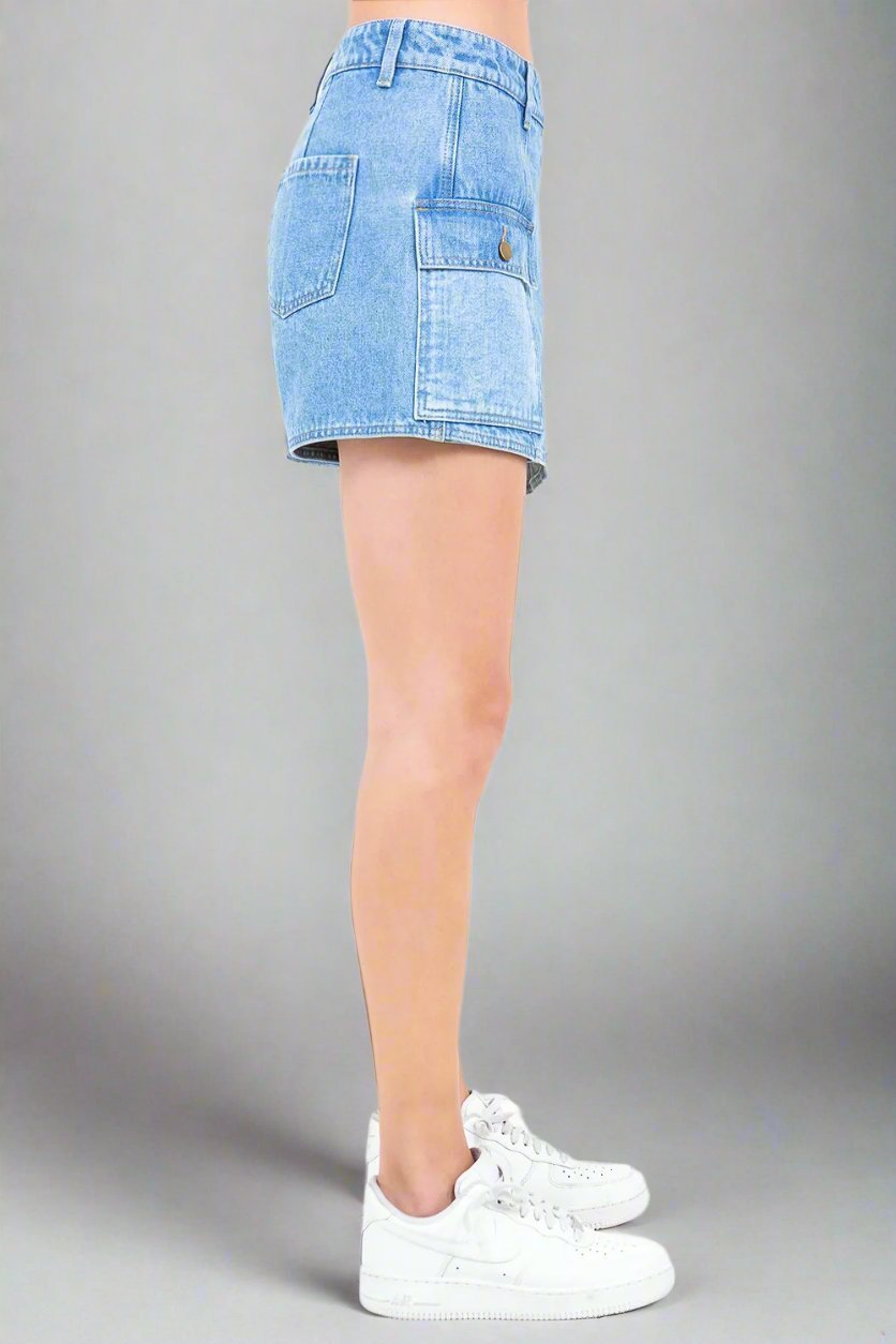 American Bazi - Light Wash Cargo Pocket Denim Mini Skort