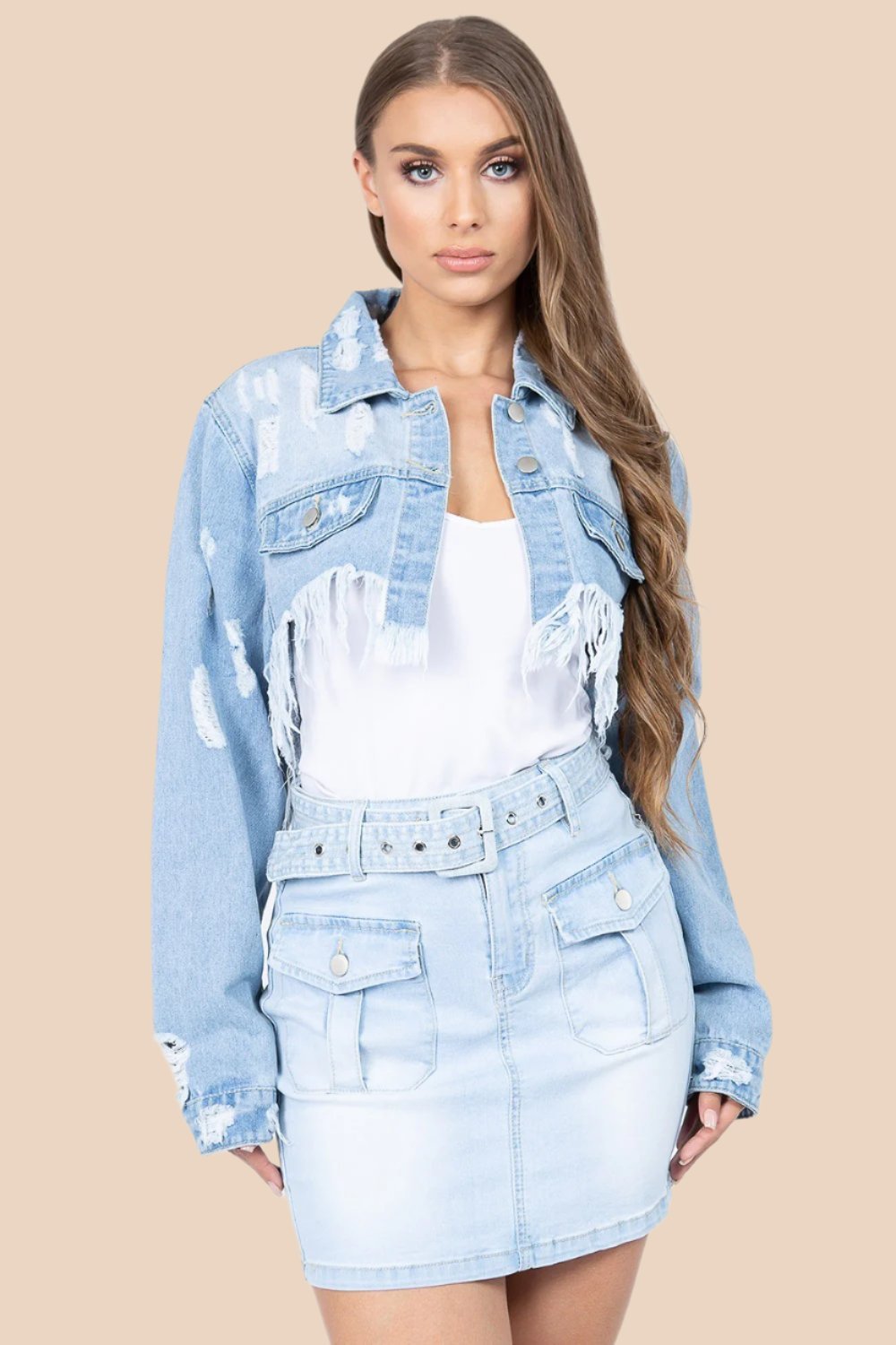 American Bazi - Light Wash Distressed Denim Jacket with Frayed Hem