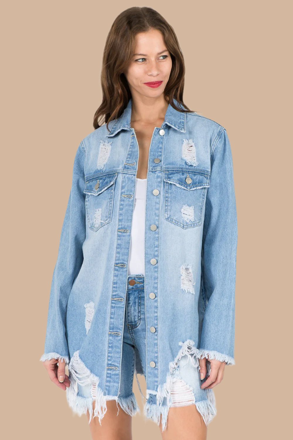 American Bazi - Light Wash Distressed Frayed Hem Denim Jacket