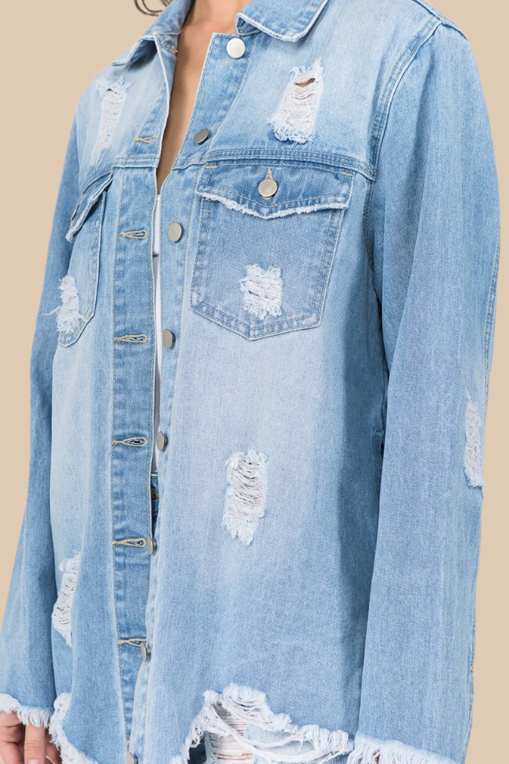 American Bazi - Light Wash Distressed Frayed Hem Denim Jacket