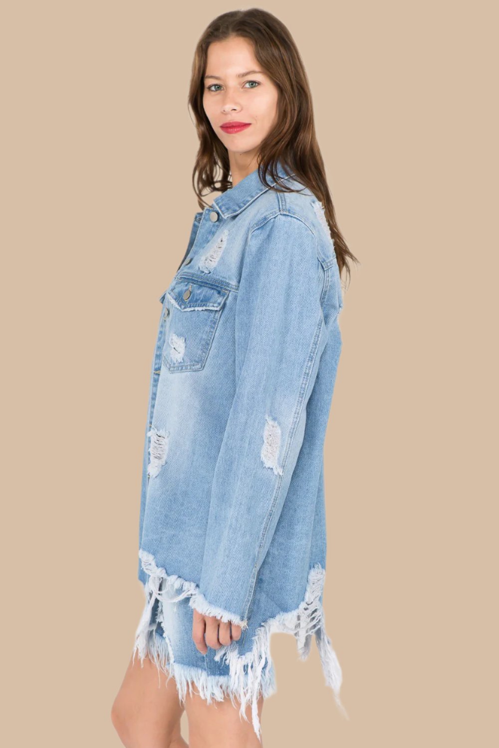 American Bazi - Light Wash Distressed Frayed Hem Denim Jacket