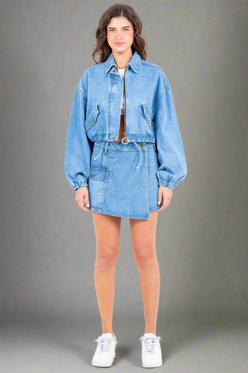 American Bazi - Light Wash Drawstring Waist Crop Denim Jacket