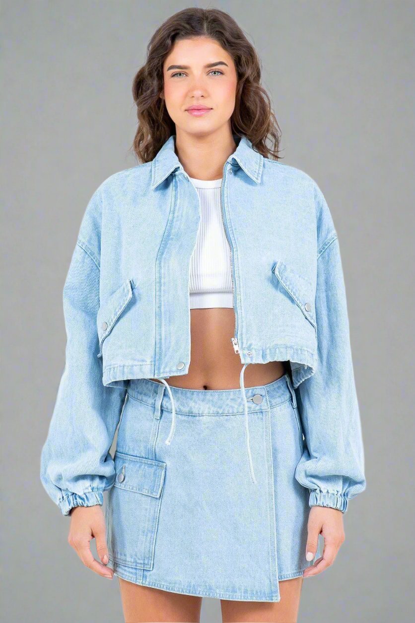 American Bazi - Light Wash Drawstring Waist Crop Denim Jacket