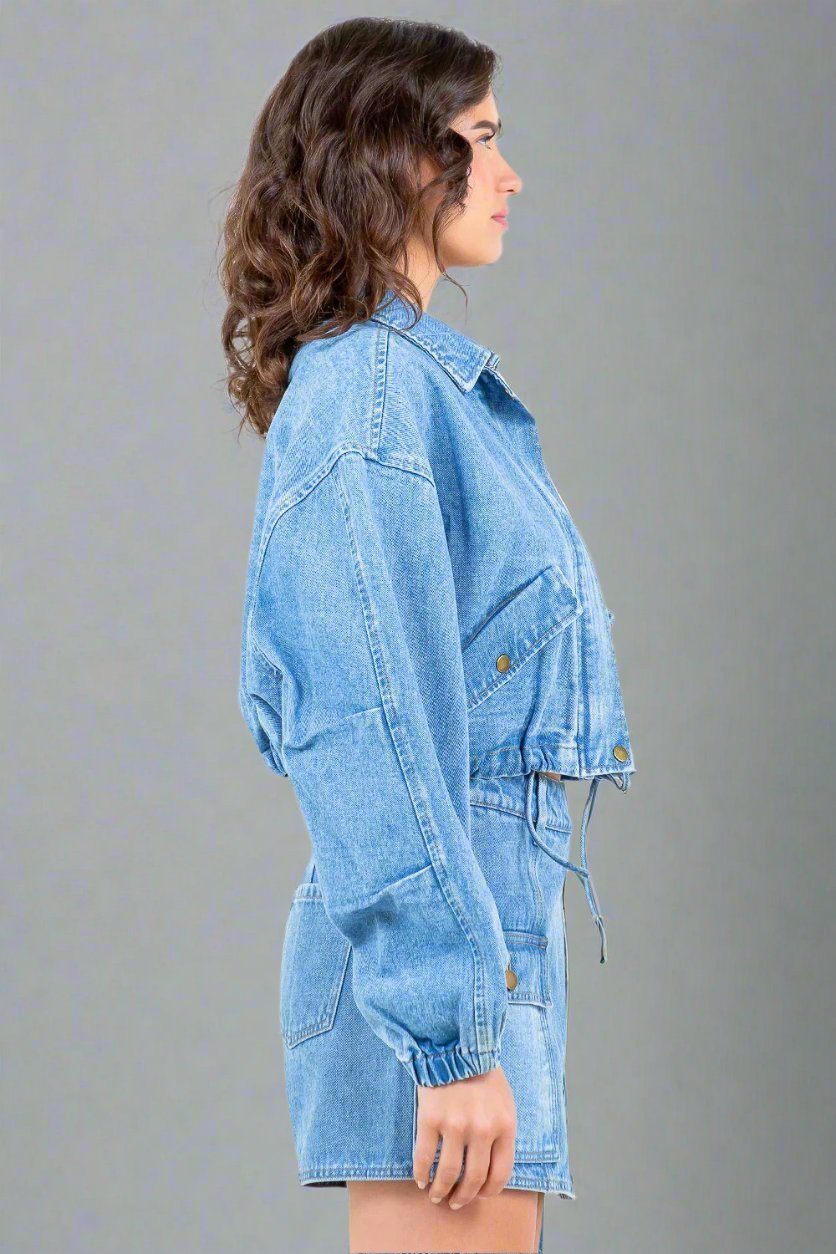 American Bazi - Light Wash Drawstring Waist Crop Denim Jacket