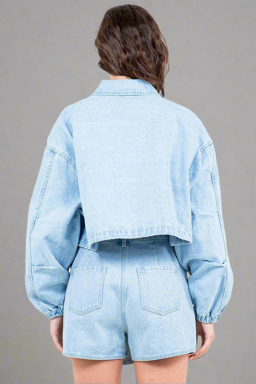 American Bazi - Light Wash Drawstring Waist Crop Denim Jacket