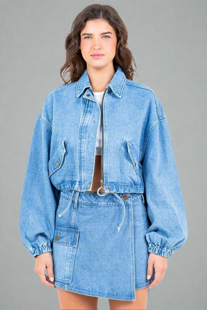 American Bazi - Light Wash Drawstring Waist Crop Denim Jacket