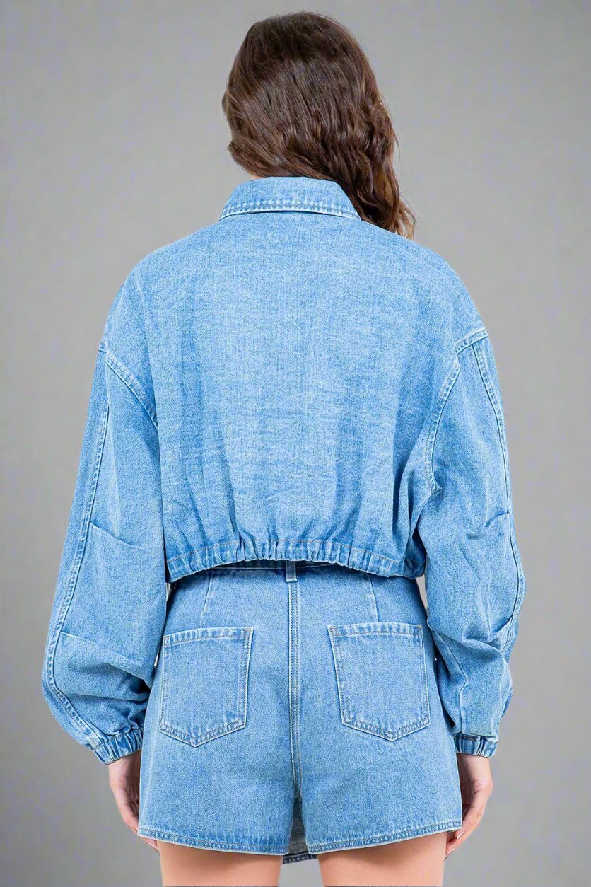 American Bazi - Light Wash Drawstring Waist Crop Denim Jacket