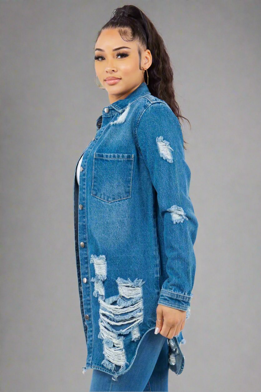 American Bazi - Medium Wash Distressed Button Up Long Sleeve Denim Jacket