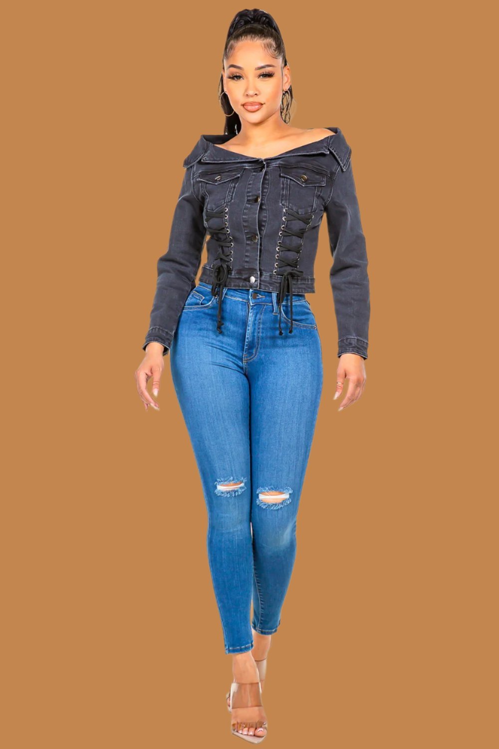 American Bazi - Off - Shoulder Lace Up Denim Jacket in Black