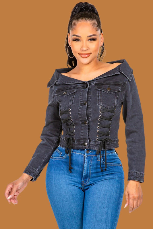 American Bazi - Off - Shoulder Lace Up Denim Jacket in Black