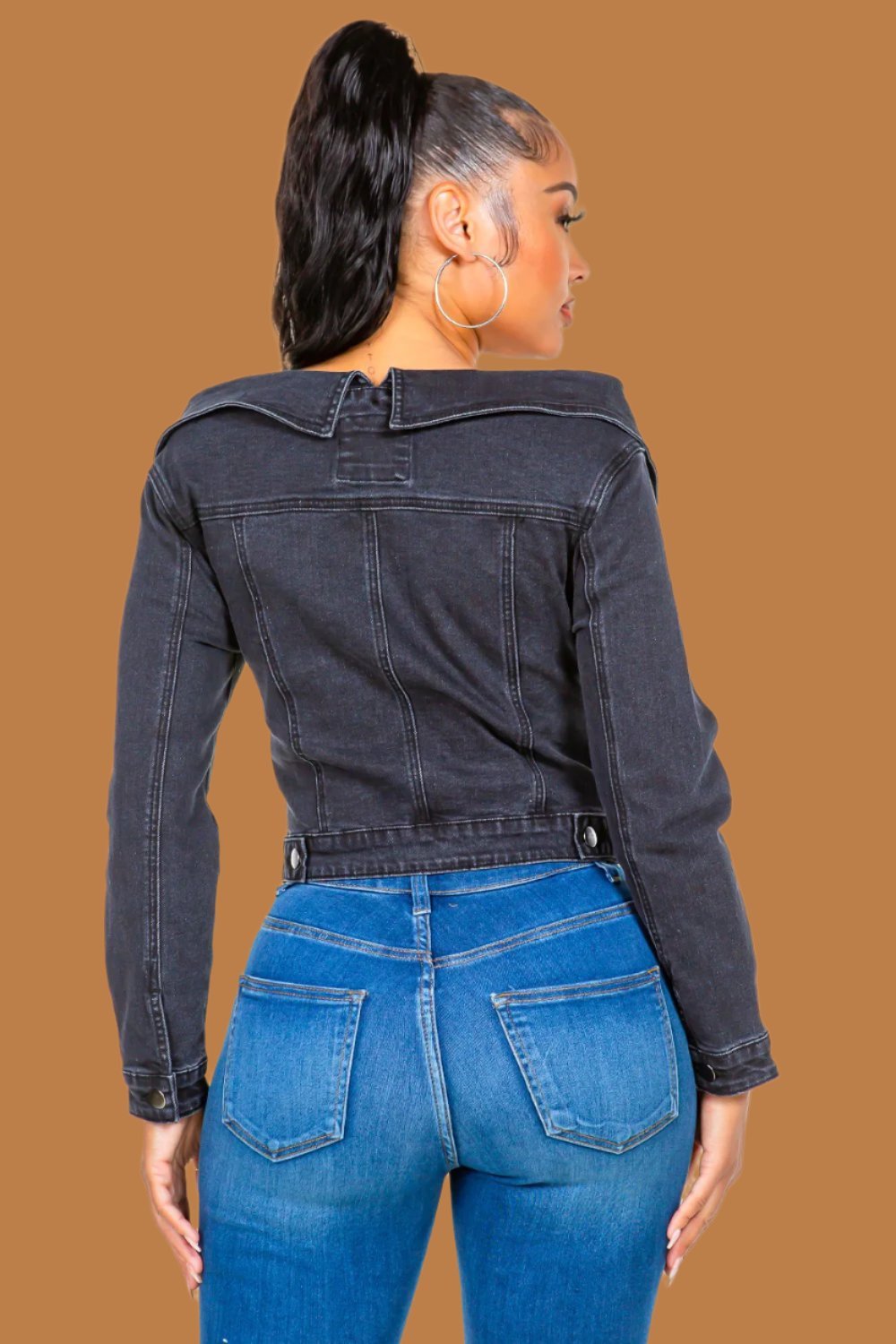 American Bazi - Off - Shoulder Lace Up Denim Jacket in Black