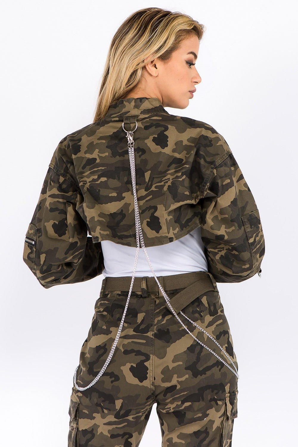 American Bazi - Olive Camouflage Cropped Denim Jacket with Chains