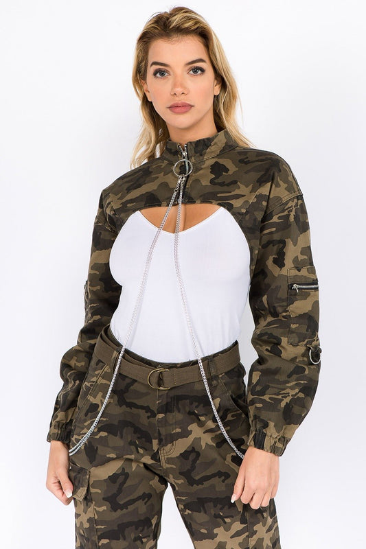 American Bazi - Olive Camouflage Cropped Denim Jacket with Chains