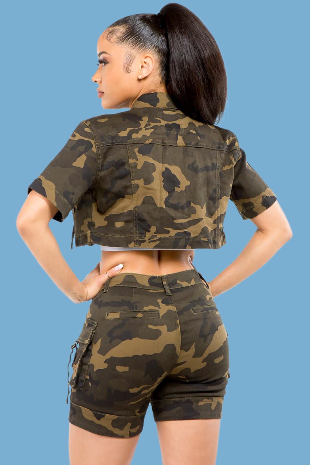 American Bazi - Olive Camouflage Short Sleeve Cropped Denim Jacket