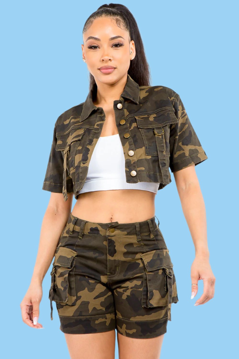 American Bazi - Olive Camouflage Short Sleeve Cropped Denim Jacket